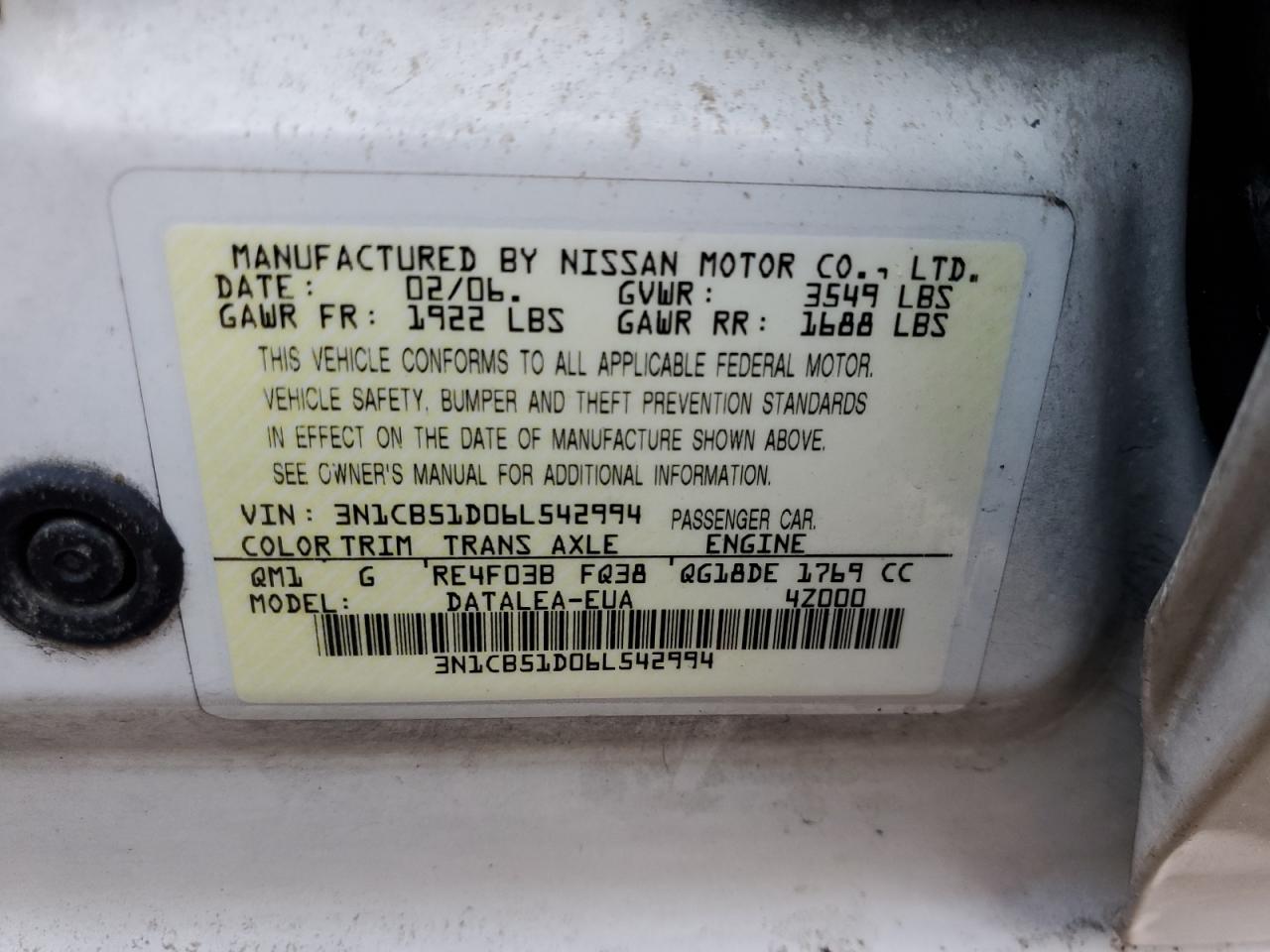 3N1CB51D06L542994 2006 Nissan Sentra 1.8