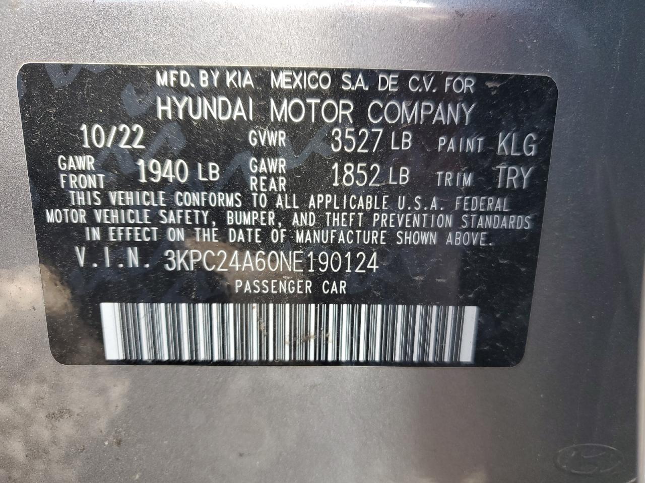 VIN 3KPC24A60NE190124 2022 HYUNDAI ACCENT no.12