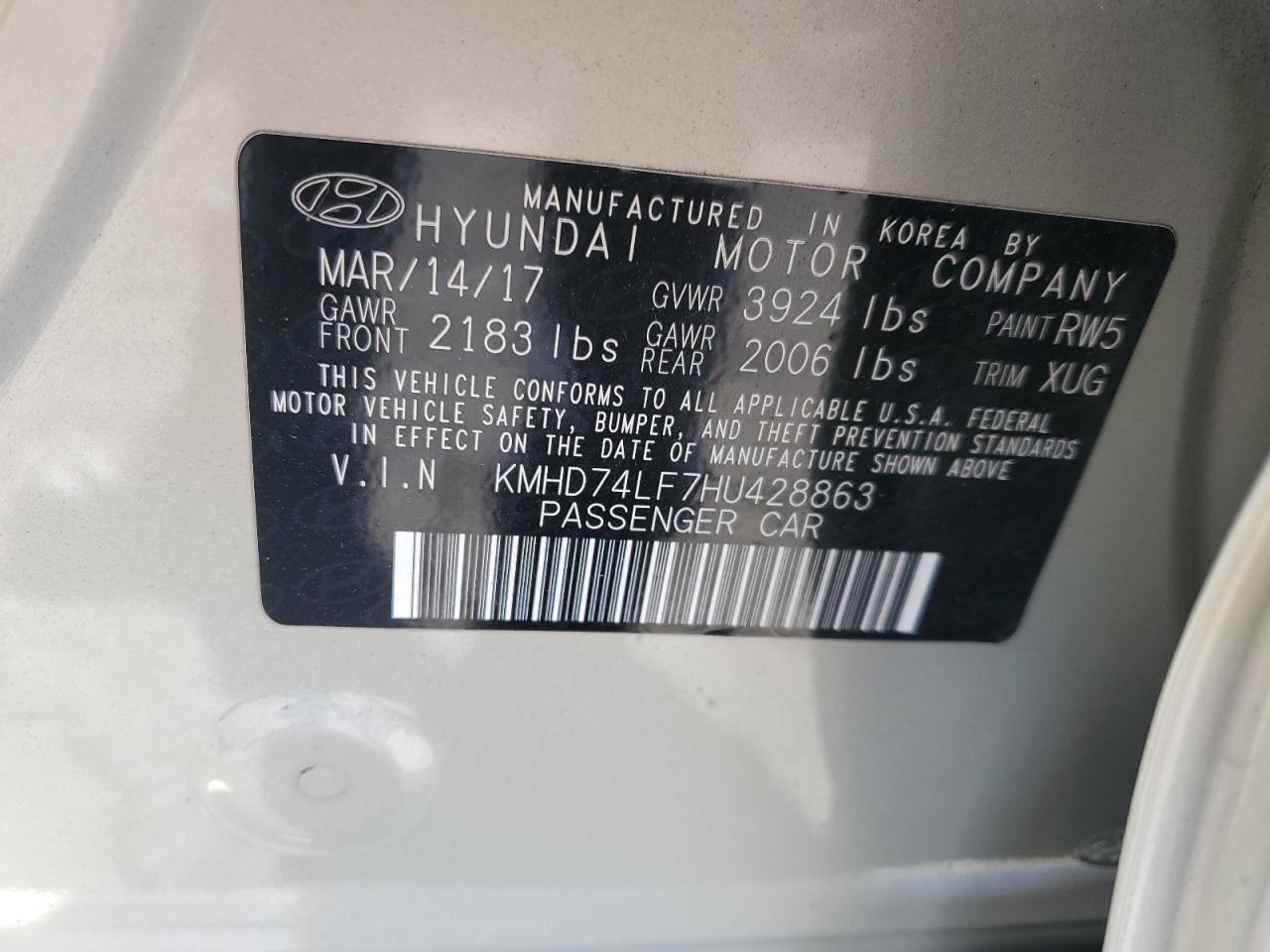 KMHD74LF7HU428863 2017 Hyundai Elantra Se