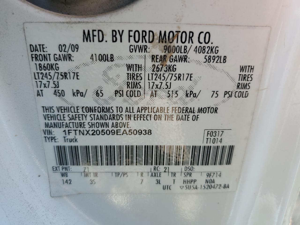 1FTNX20509EA50938 2009 Ford F250 Super Duty