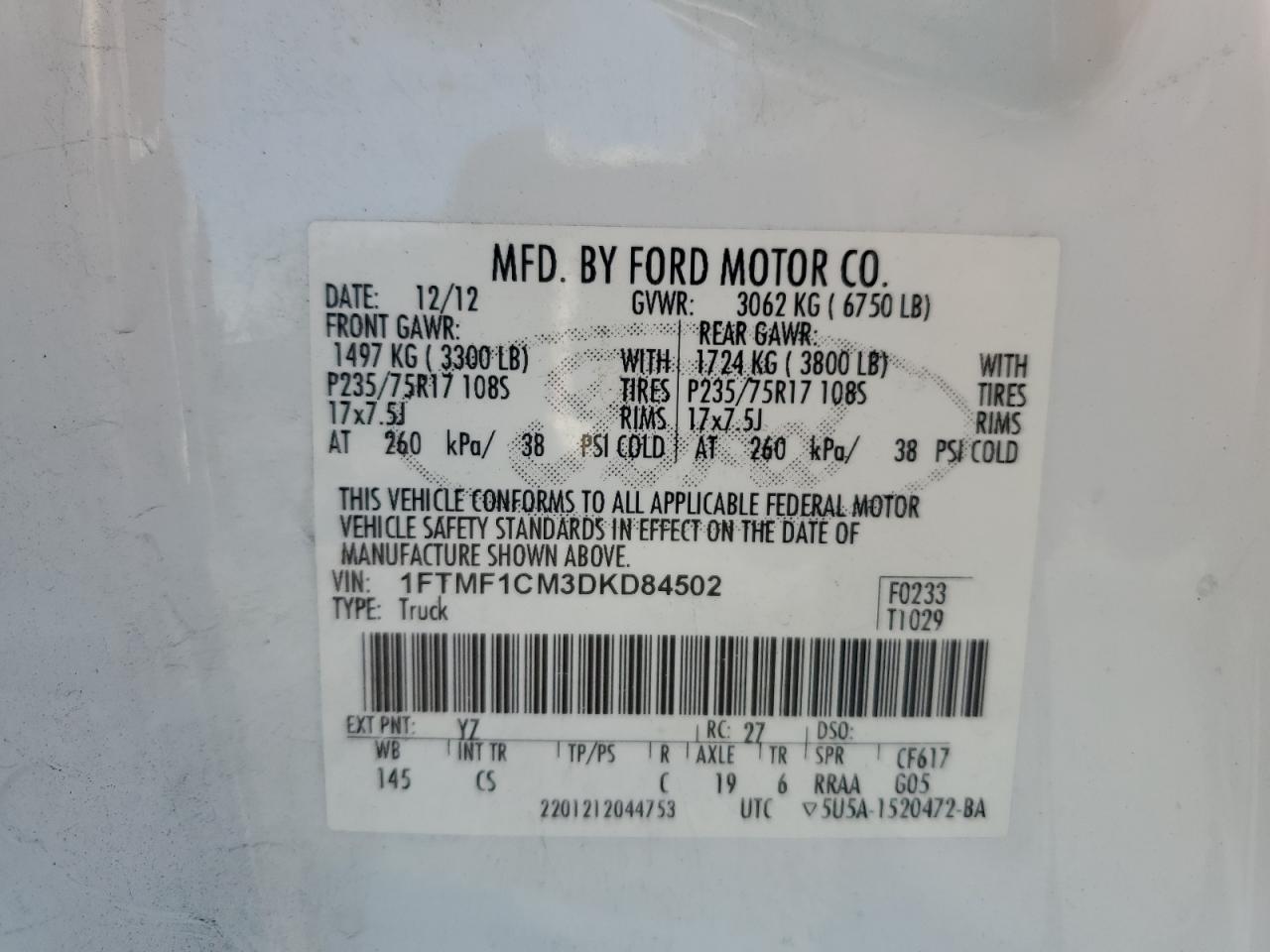 2013 Ford F150 VIN: 1FTMF1CM3DKD84502 Lot: 76599874