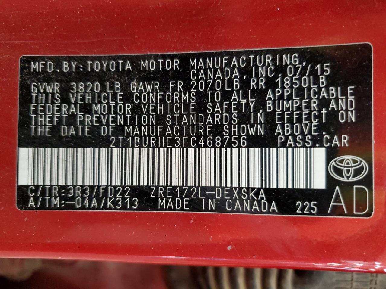 2T1BURHE3FC468756 2015 Toyota Corolla L