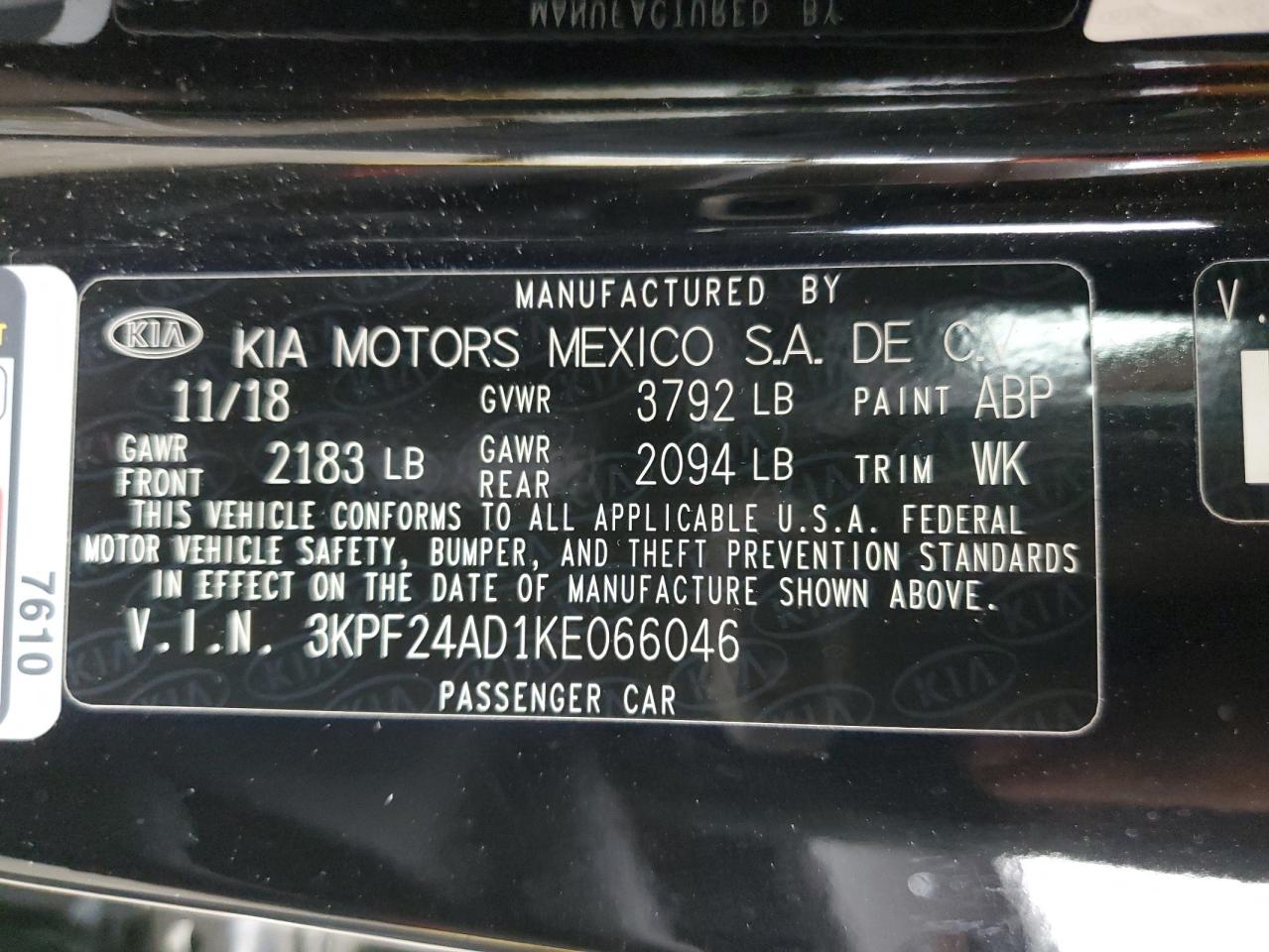 2019 Kia Forte Fe VIN: 3KPF24AD1KE066046 Lot: 76415414