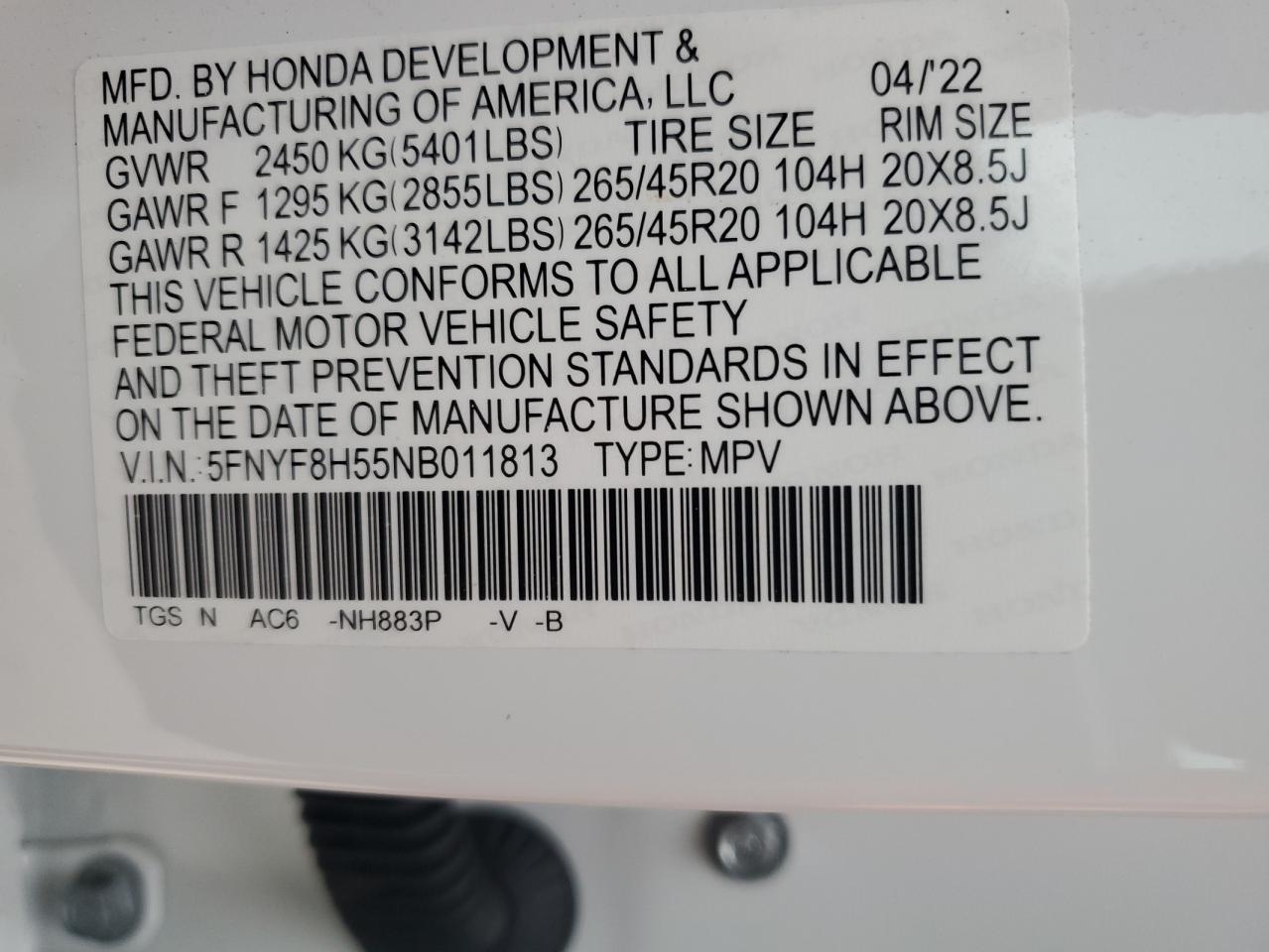 2022 Honda Passport Exl VIN: 5FNYF8H55NB011813 Lot: 74960124