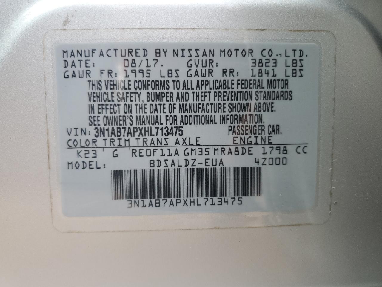 3N1AB7APXHL713475 2017 Nissan Sentra S