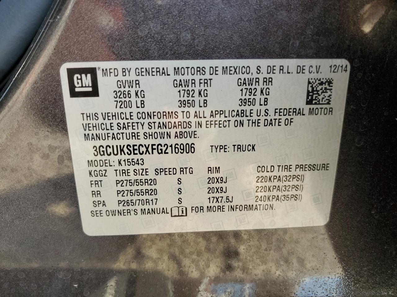 3GCUKSECXFG216906 2015 Chevrolet Silverado K1500 Ltz