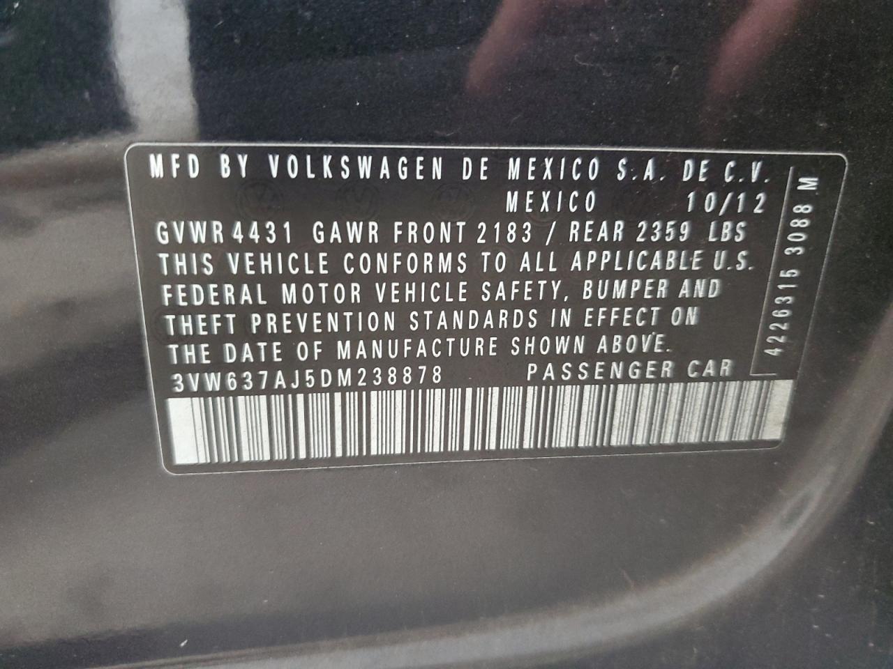 2013 Volkswagen Jetta Hybrid VIN: 3VW637AJ5DM238878 Lot: 77905574