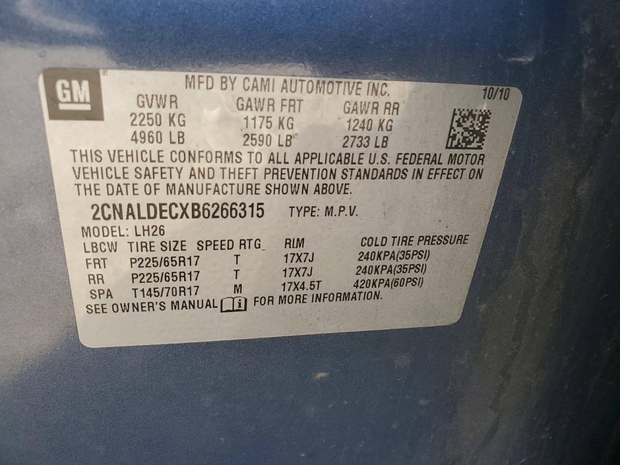 2011 Chevrolet Equinox Lt VIN: 2CNALDECXB6266315 Lot: 75236254