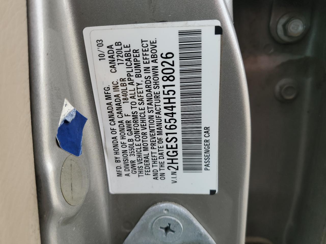 2HGES16544H518026 2004 Honda Civic Lx