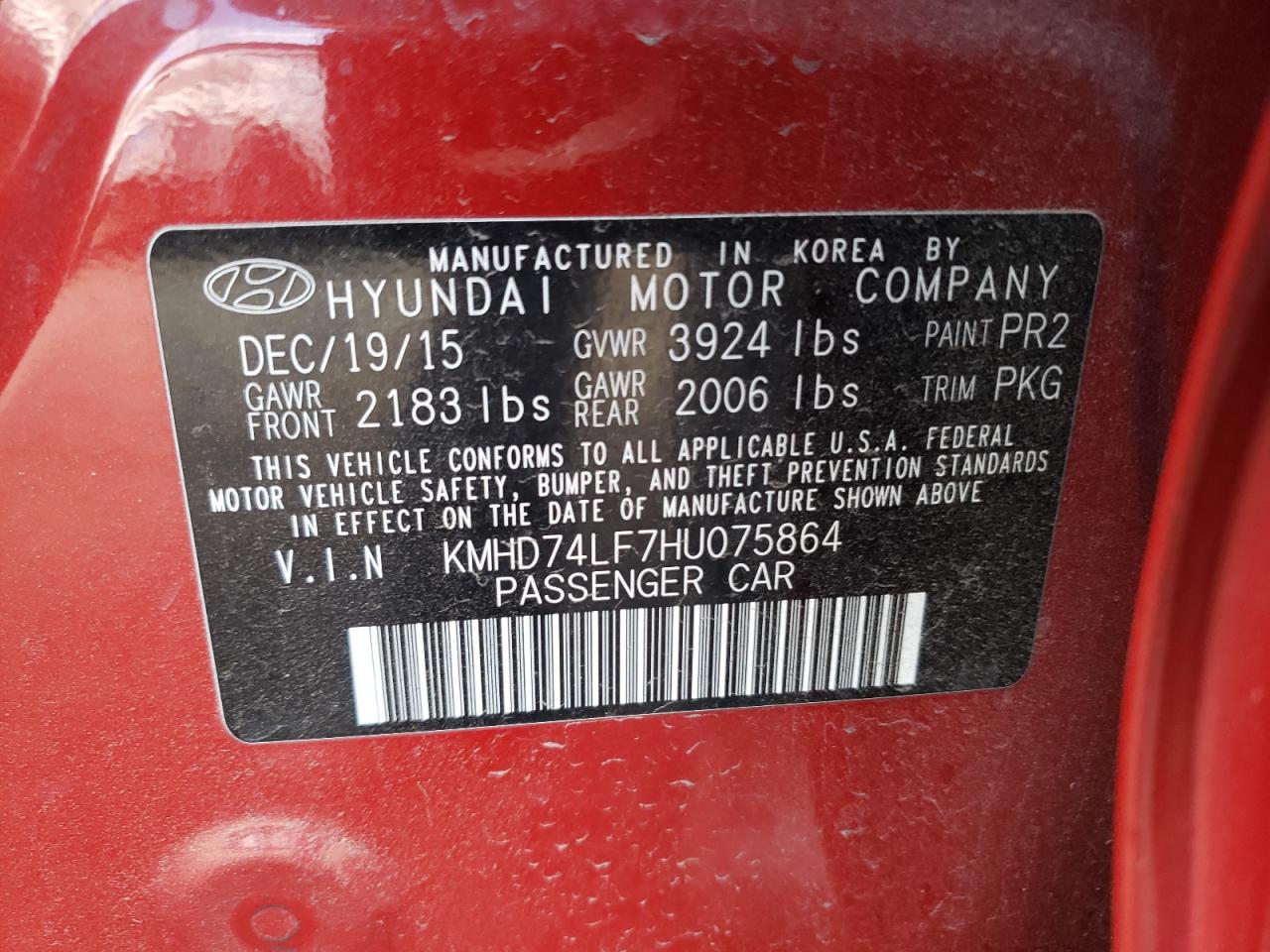 KMHD74LF7HU075864 2017 Hyundai Elantra Se