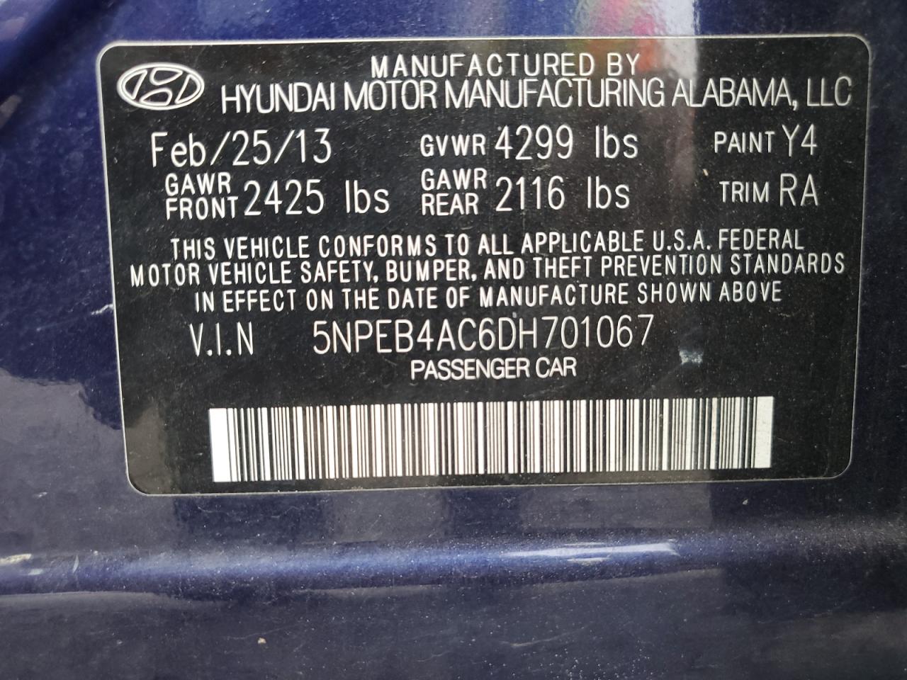 5NPEB4AC6DH701067 2013 Hyundai Sonata Gls