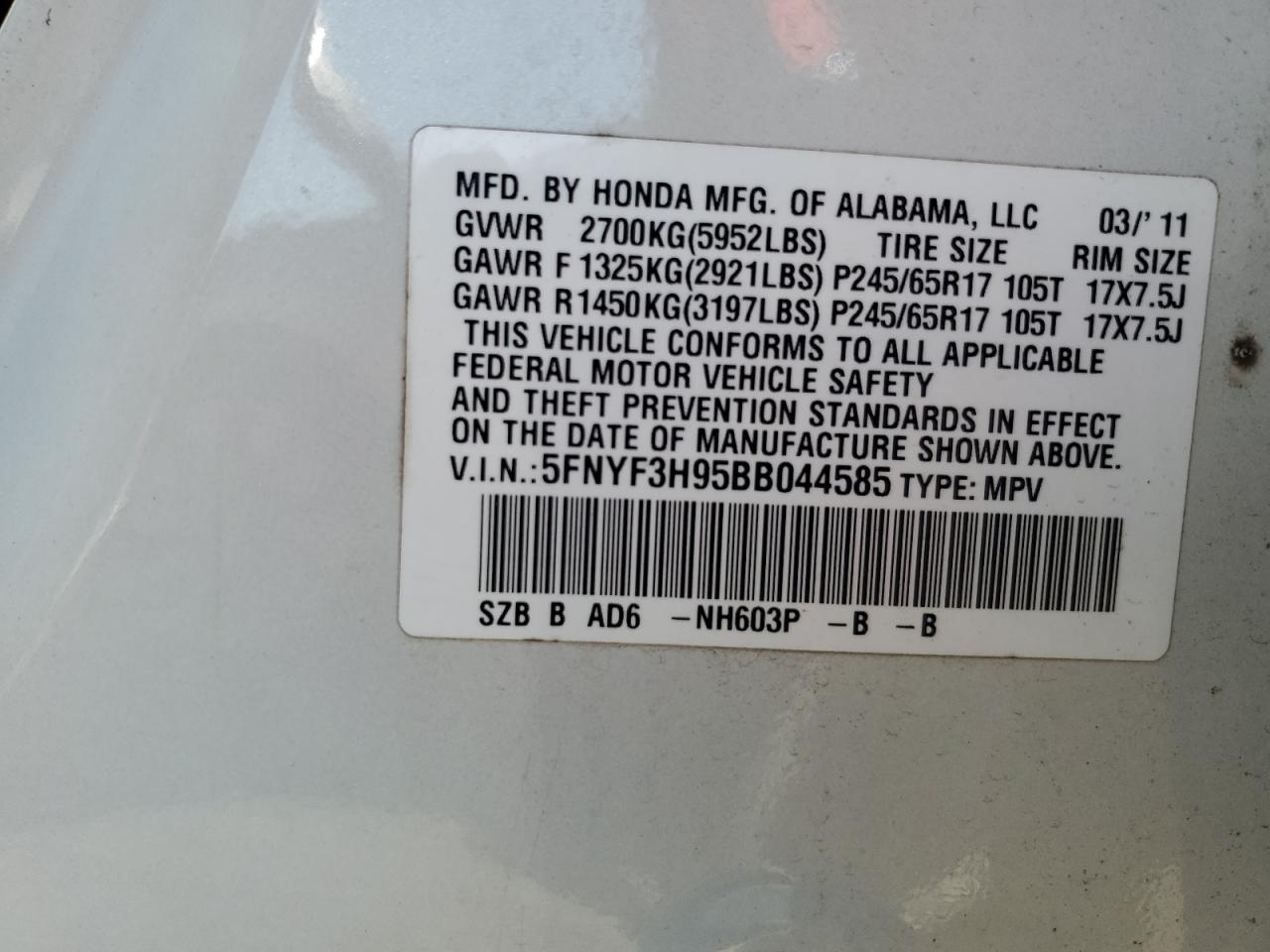 5FNYF3H95BB044585 2011 Honda Pilot Touring