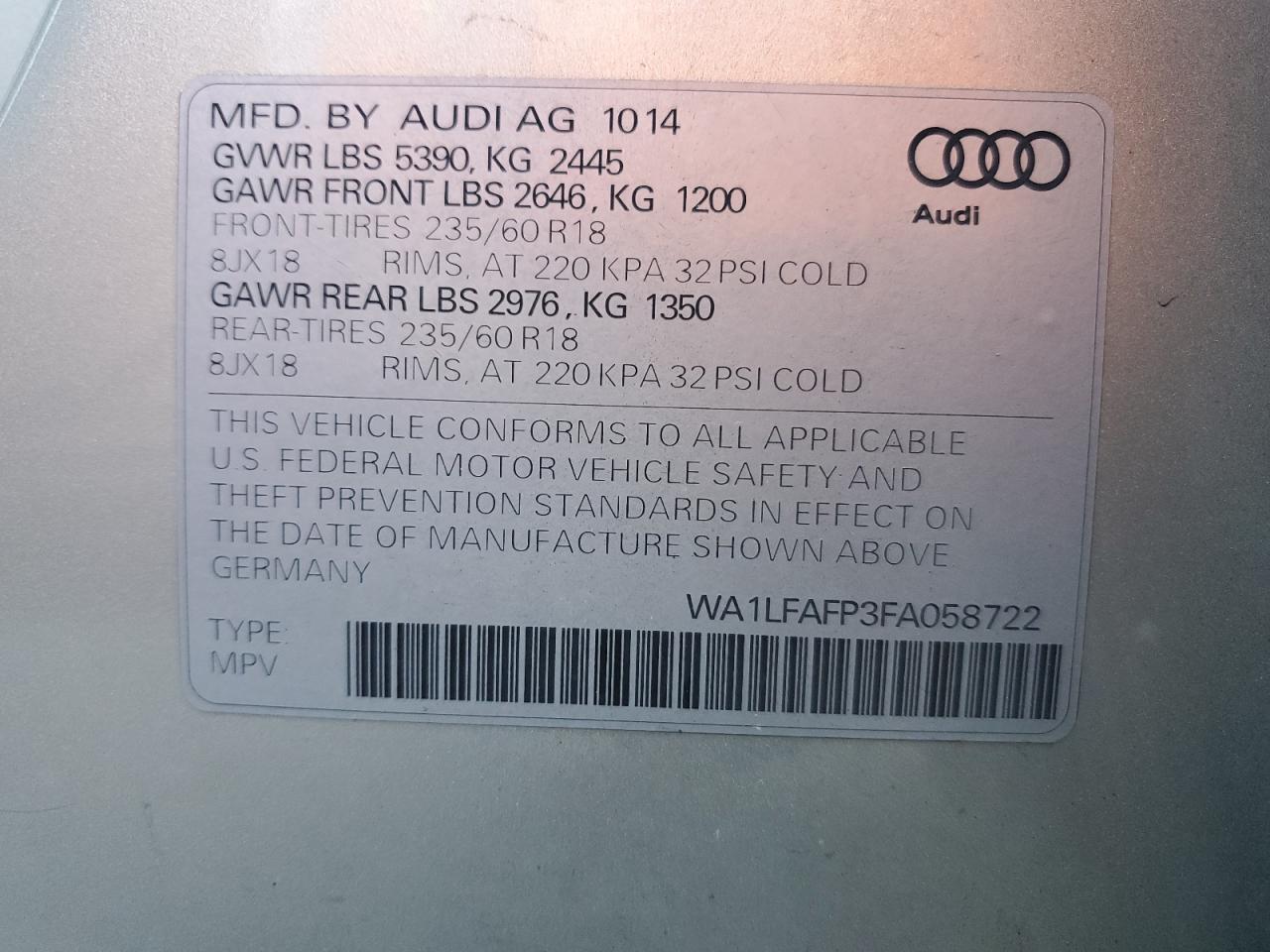 WA1LFAFP3FA058722 2015 Audi Q5 Premium Plus