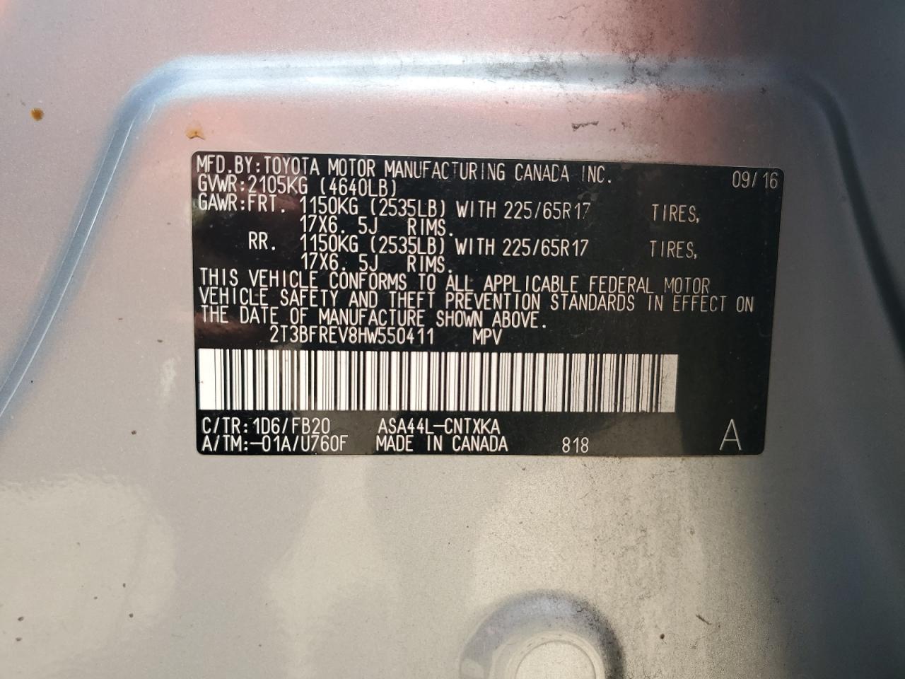 2017 Toyota Rav4 Le VIN: 2T3BFREV8HW550411 Lot: 74141584