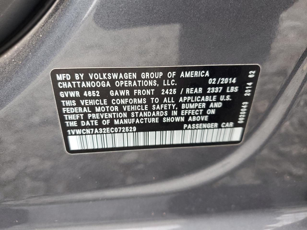 2014 Volkswagen Passat Sel VIN: 1VWCN7A32EC072529 Lot: 73543854