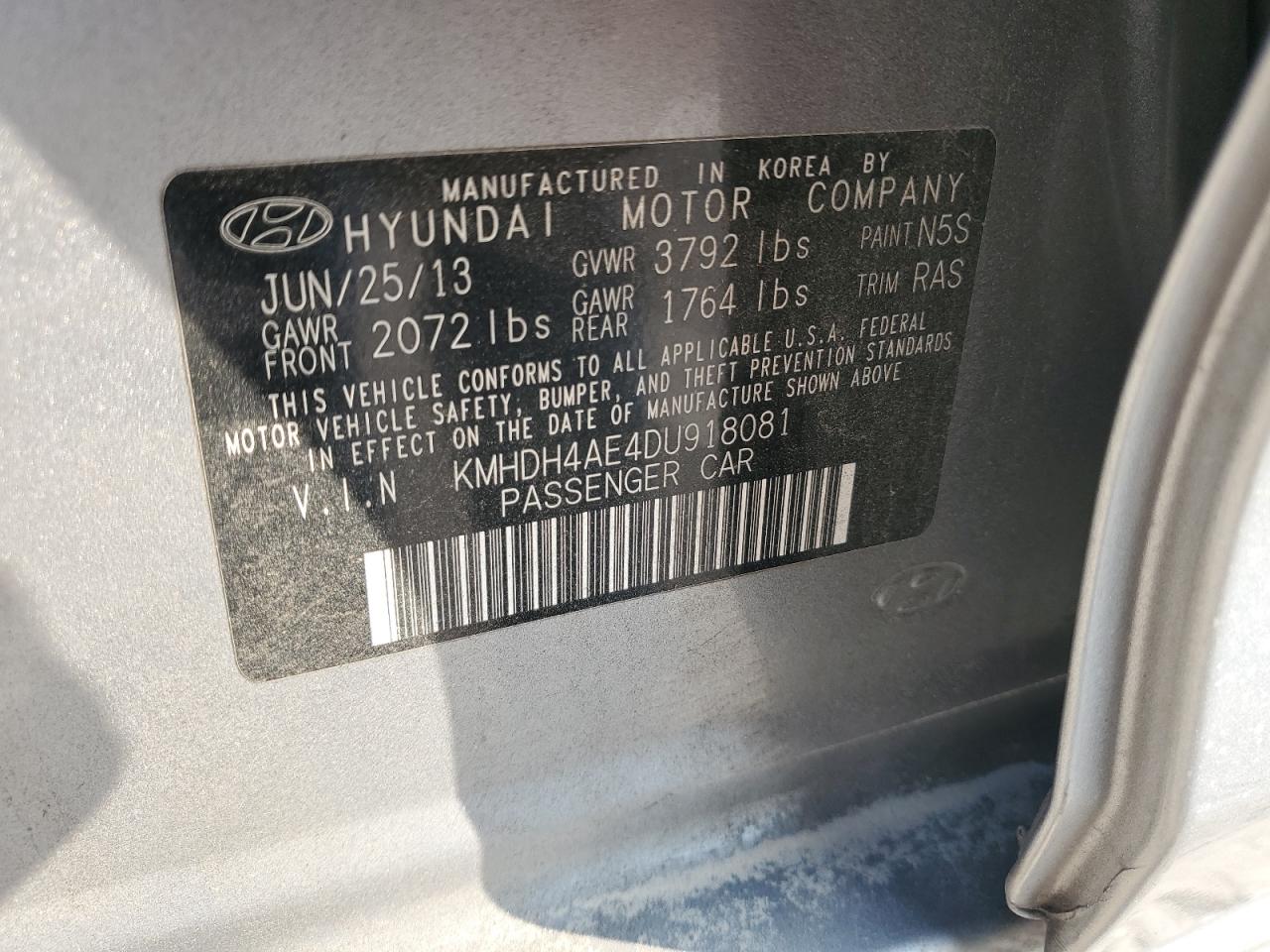 KMHDH4AE4DU918081 2013 Hyundai Elantra Gls