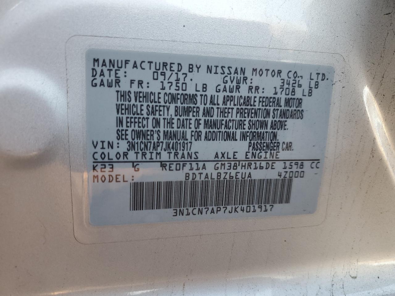 3N1CN7AP7JK401917 2018 Nissan Versa S