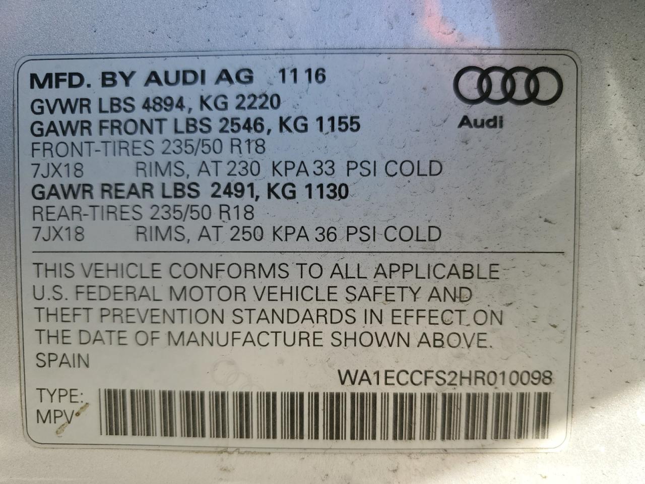 WA1ECCFS2HR010098 2017 Audi Q3 Premium