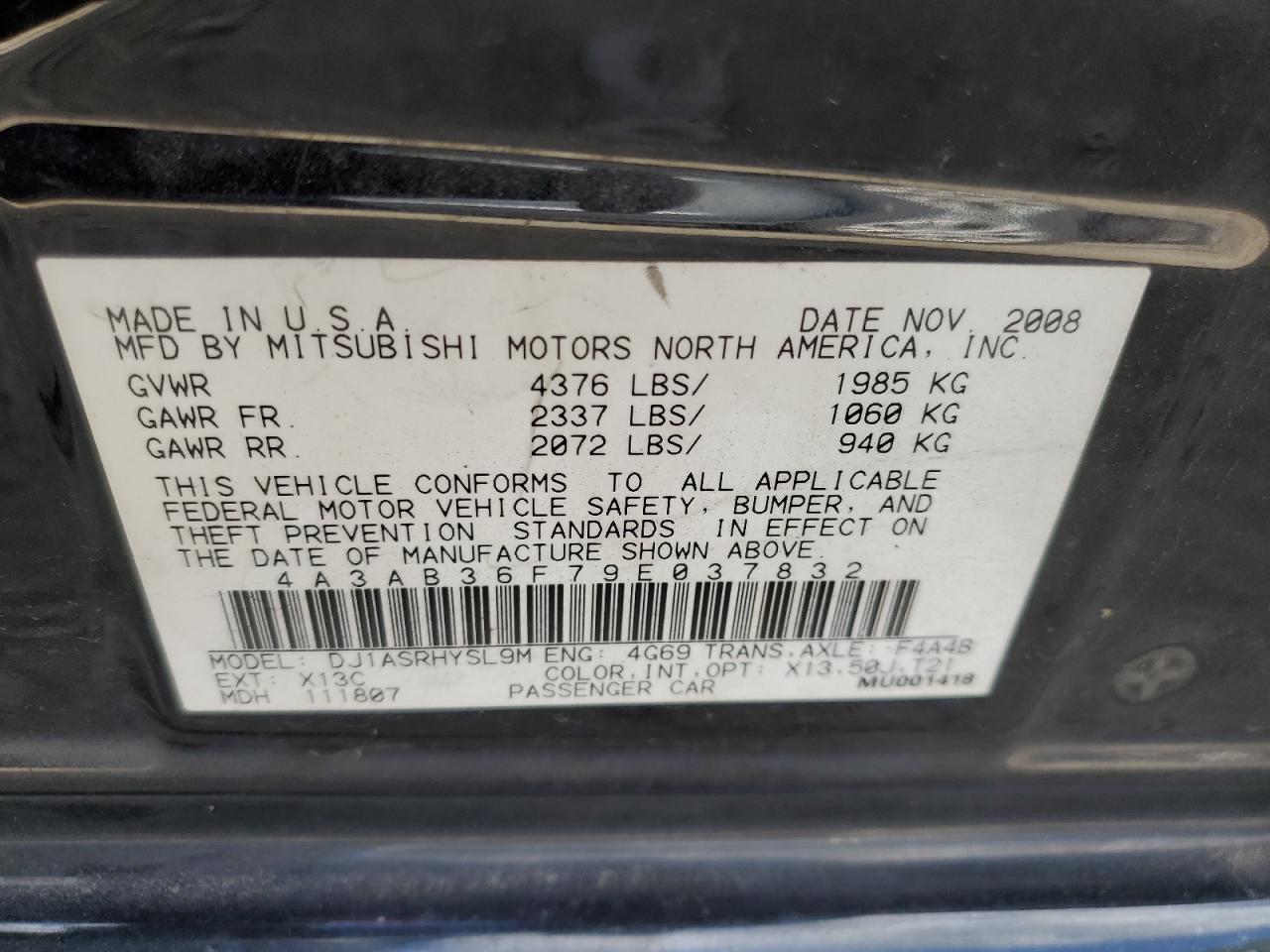 2009 Mitsubishi Galant Es VIN: 4A3AB36F79E037832 Lot: 75354724