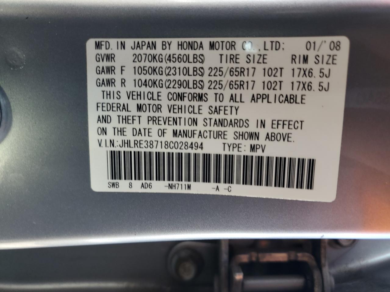 JHLRE38718C028494 2008 Honda Cr-V Exl