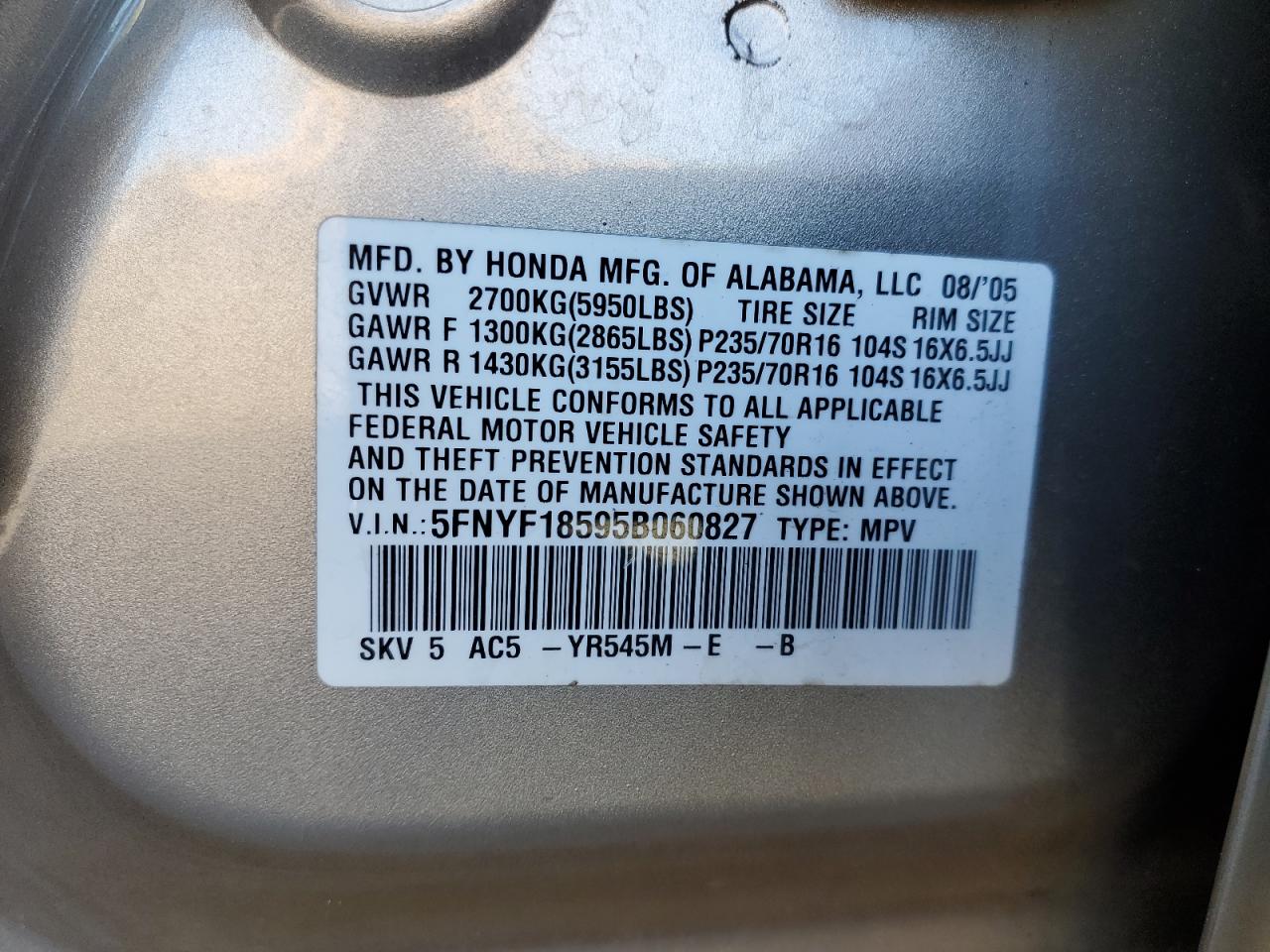 2005 Honda Pilot Exl VIN: 5FNYF18595B060827 Lot: 76278724