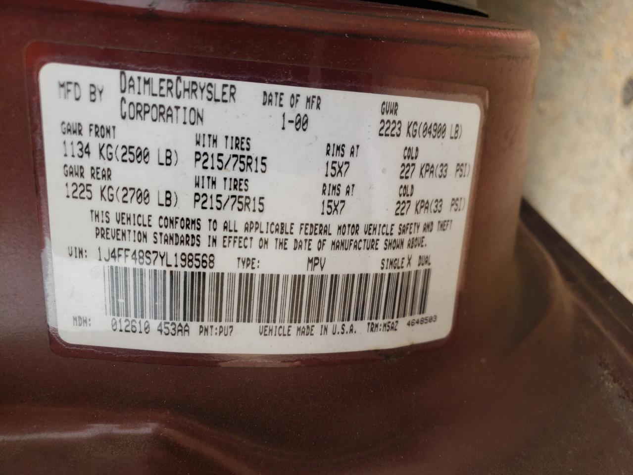 2000 Jeep Cherokee Sport VIN: 1J4FF48S7YL198568 Lot: 74357474