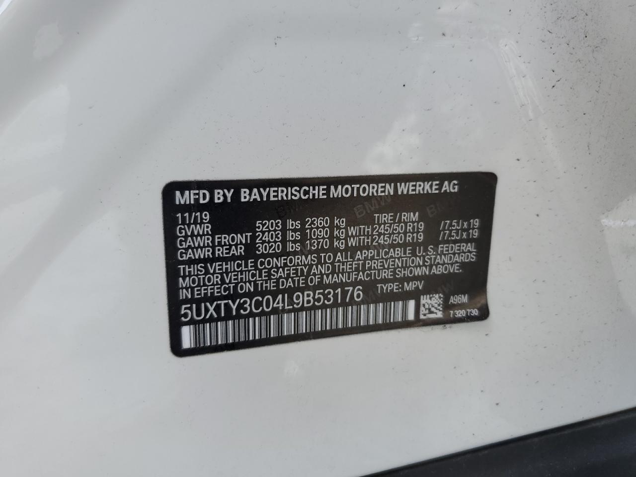 5UXTY3C04L9B53176 2020 BMW X3 Sdrive30I