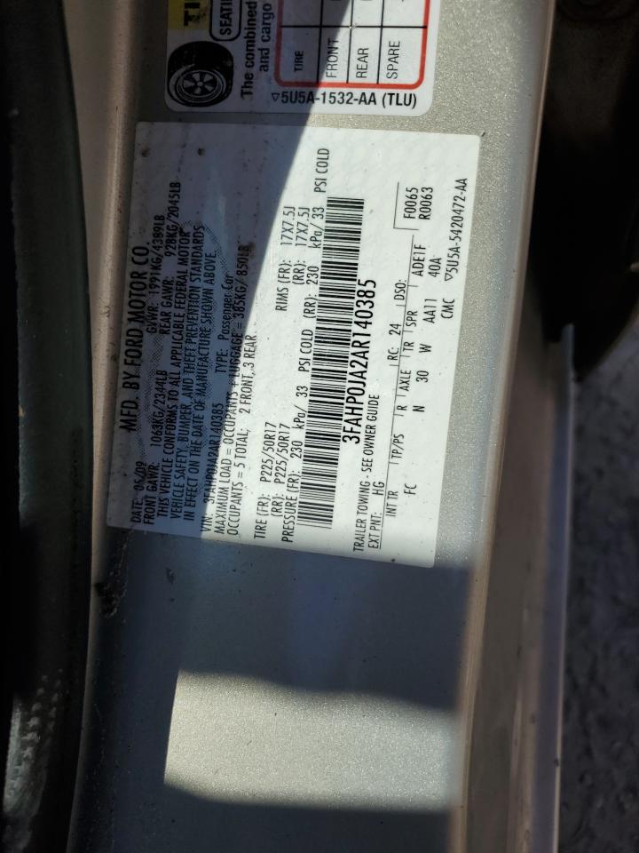 2010 Ford Fusion Sel VIN: 3FAHP0JA2AR140385 Lot: 77859274