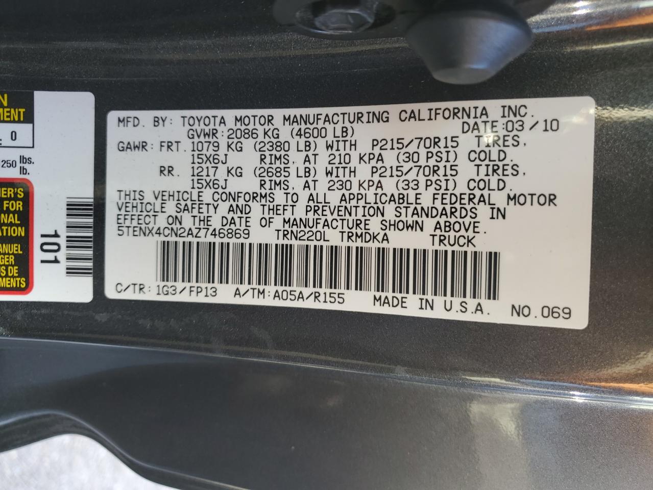 2010 Toyota Tacoma VIN: 5TENX4CN2AZ746869 Lot: 76706154