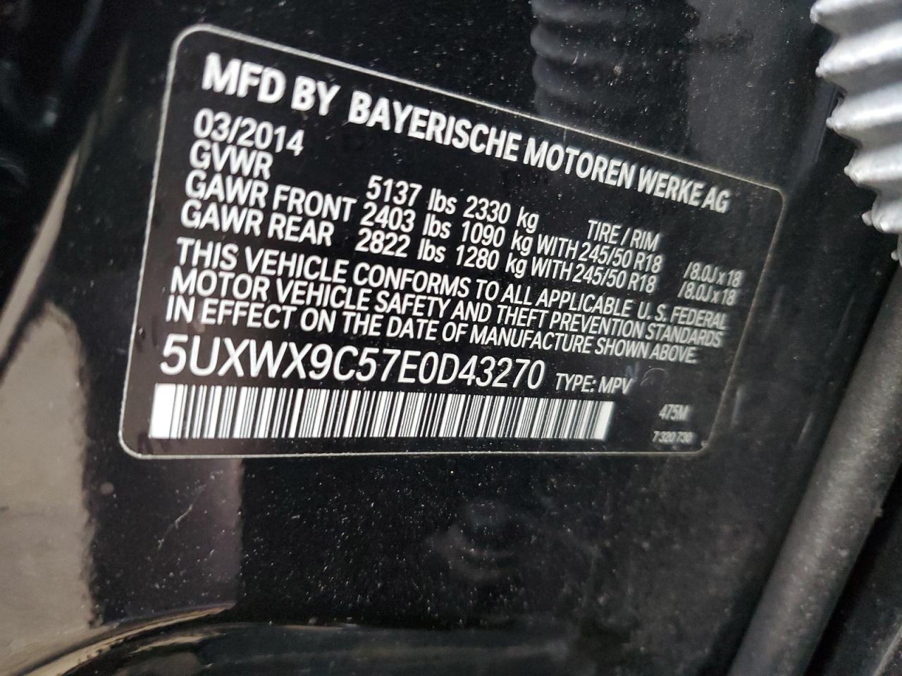 2014 BMW X3 xDrive28I VIN: 5UXWX9C57E0D43270 Lot: 77646624