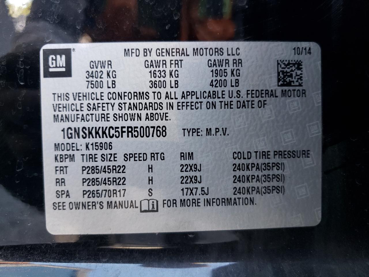 1GNSKKKC5FR500768 2015 Chevrolet Suburban K1500 Ltz