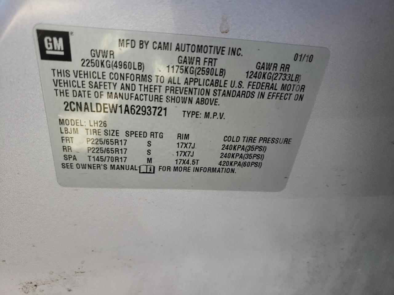 2CNALDEW1A6293721 2010 Chevrolet Equinox Lt