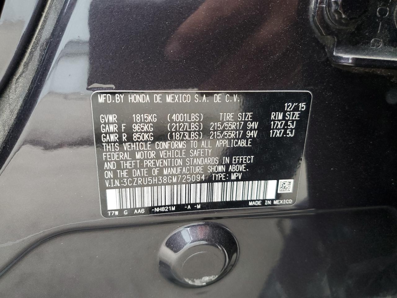 2016 Honda Hr-V Lx VIN: 3CZRU5H38GM725094 Lot: 76620814