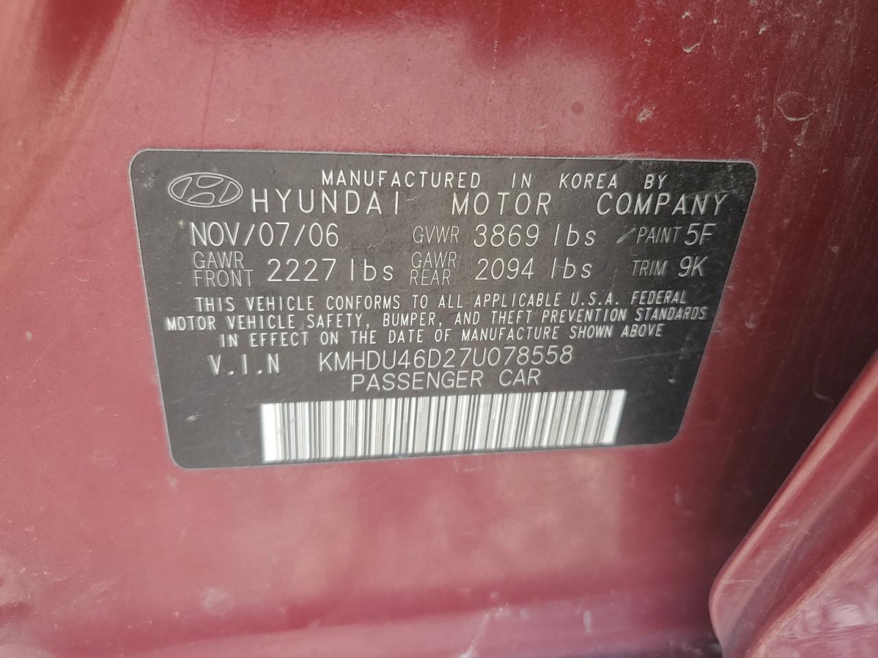 KMHDU46D27U078558 2007 Hyundai Elantra Gls