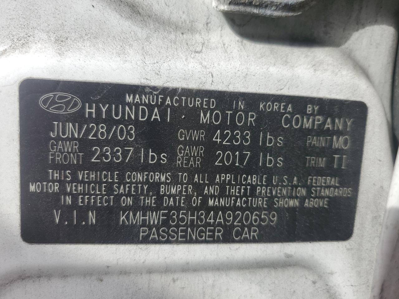 2004 Hyundai Sonata Gls VIN: KMHWF35H34A920659 Lot: 77813554