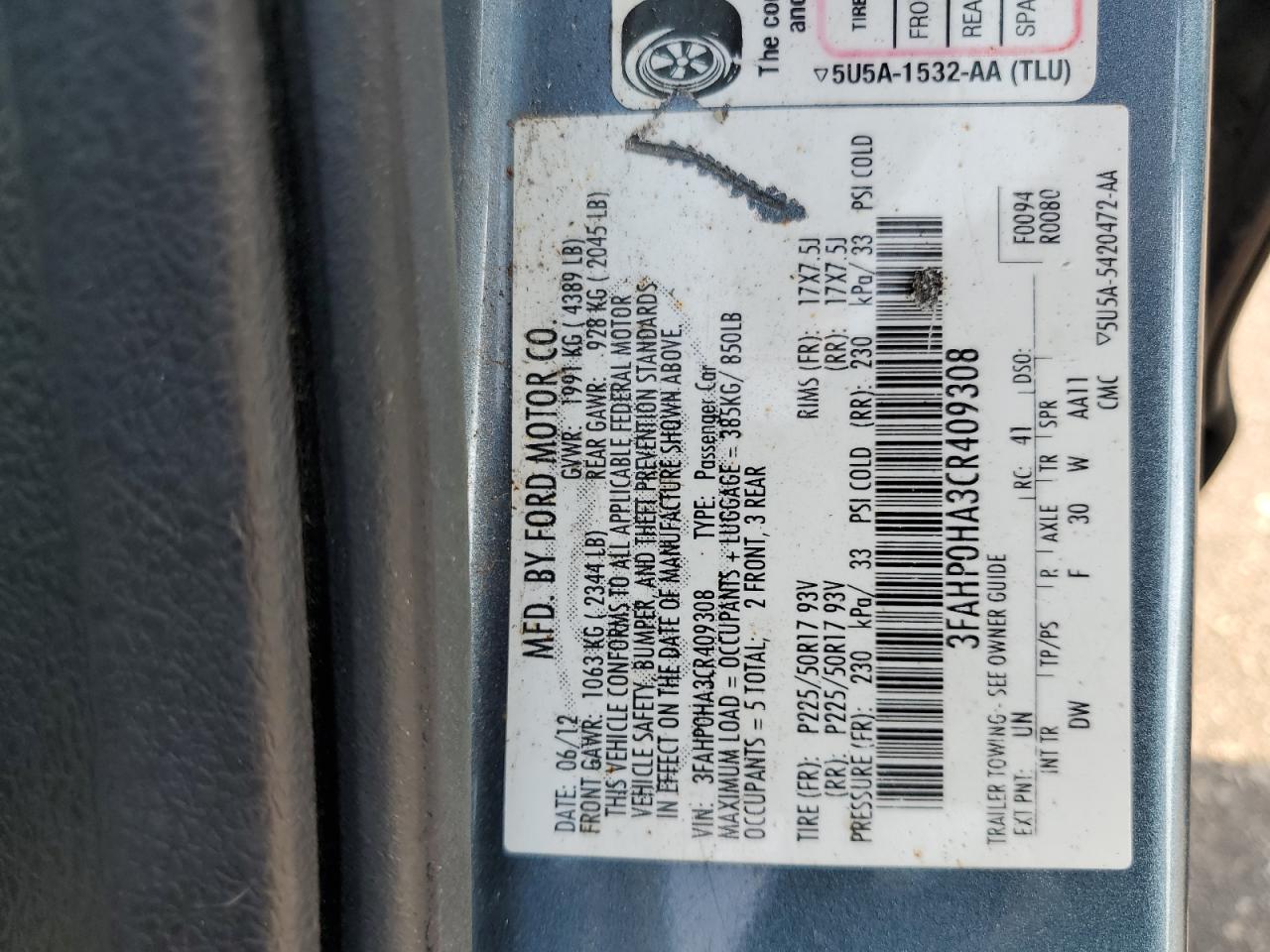 3FAHP0HA3CR409308 2012 Ford Fusion Se