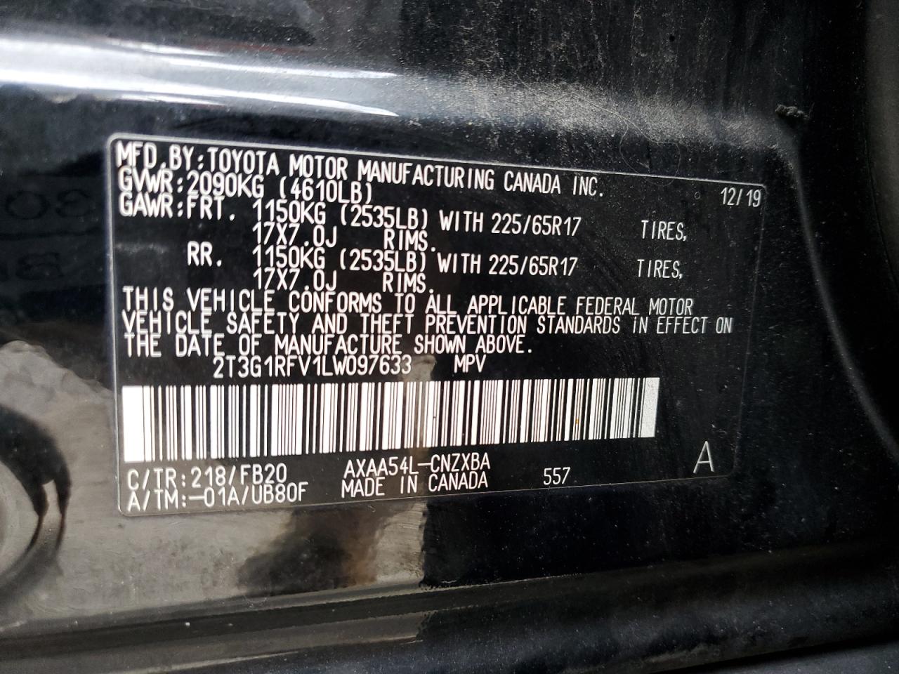 2T3G1RFV1LW097633 2020 Toyota Rav4 Le