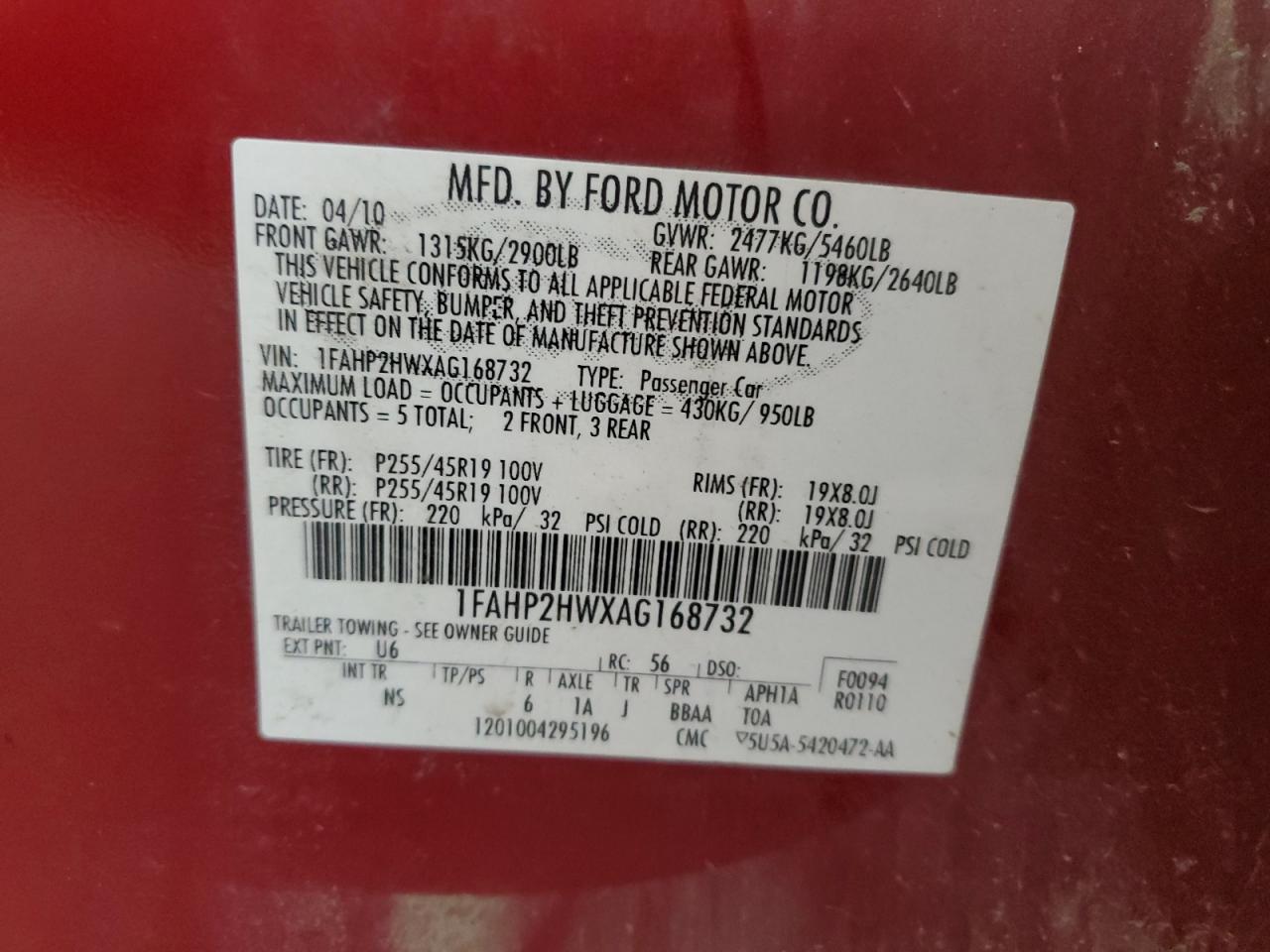 1FAHP2HWXAG168732 2010 Ford Taurus Sel