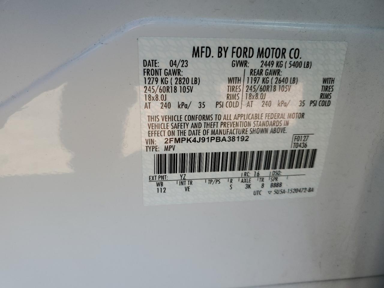 2023 Ford Edge Sel VIN: 2FMPK4J91PBA38192 Lot: 76611404