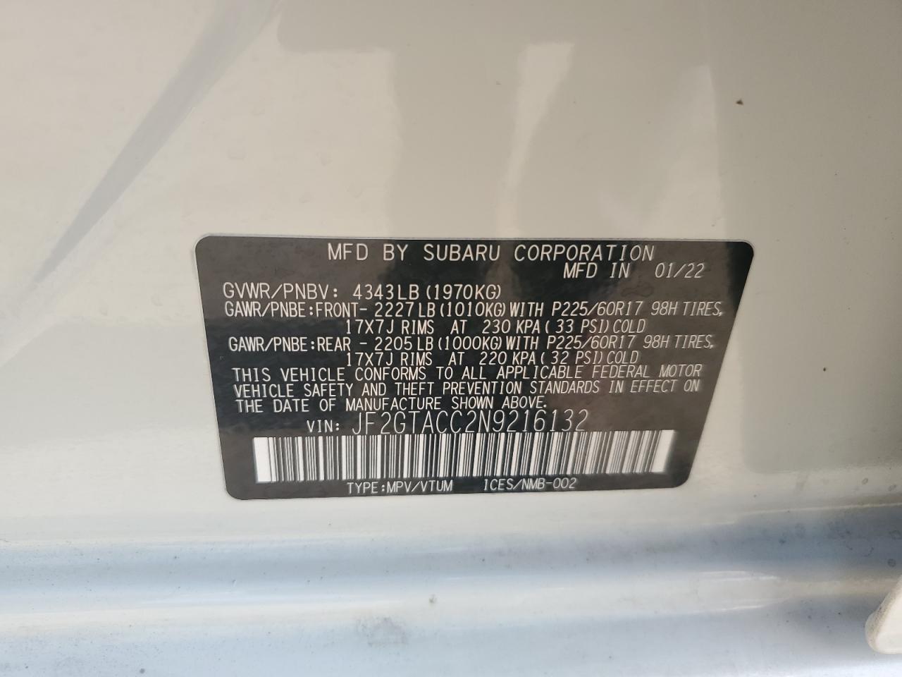 JF2GTACC2N9216132 2022 Subaru Crosstrek Premium