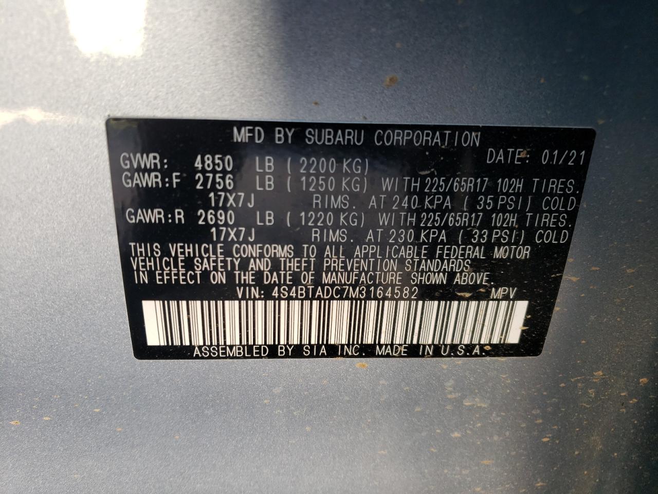 VIN 4S4BTADC7M3164582 2021 SUBARU OUTBACK no.12