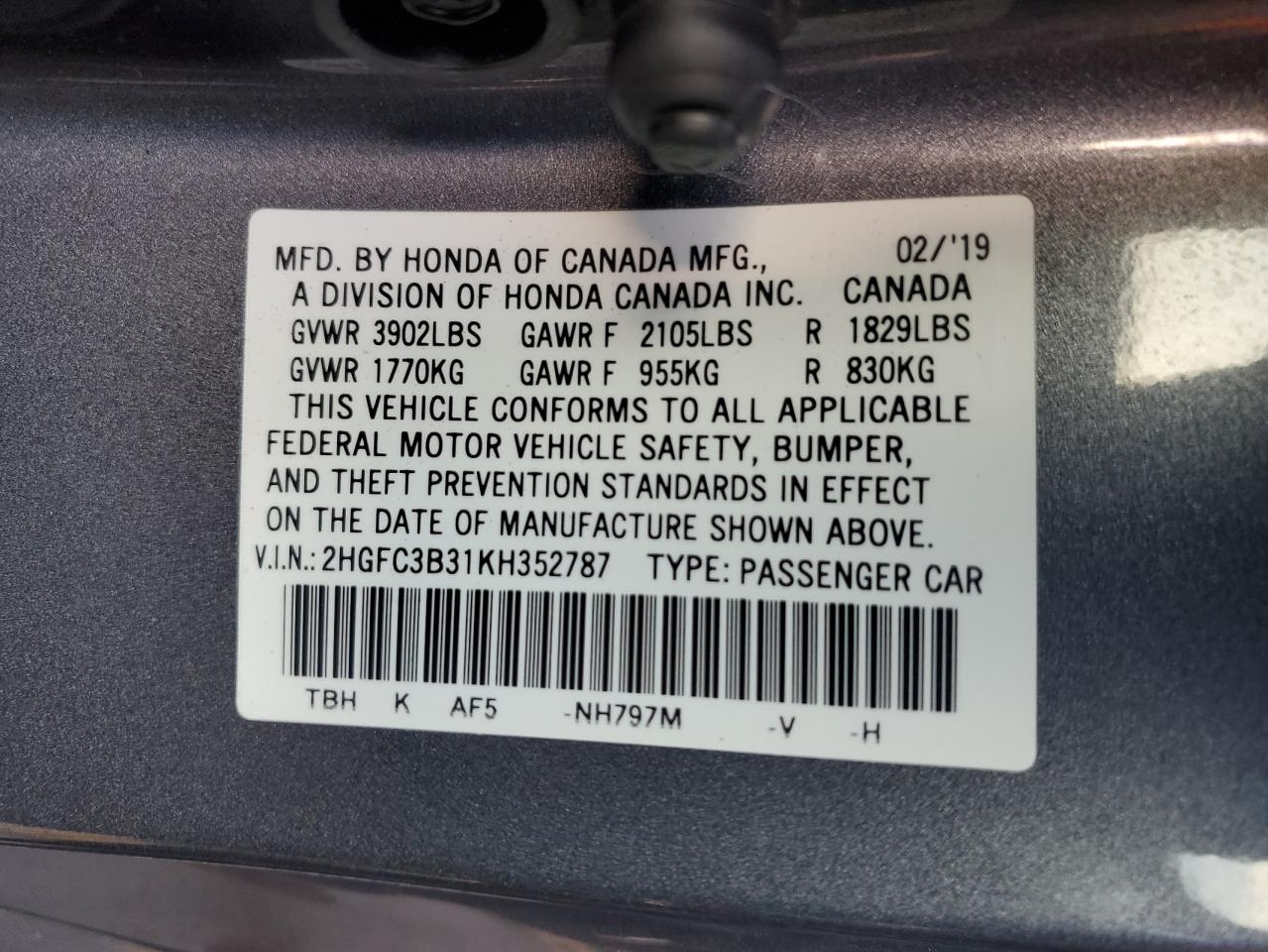 2HGFC3B31KH352787 2019 Honda Civic Ex