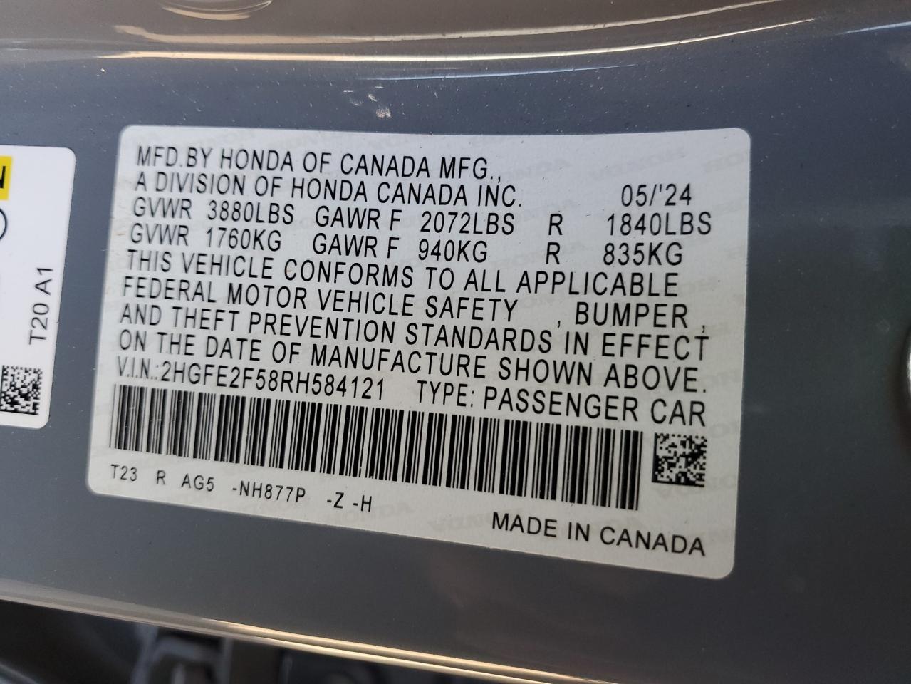 2HGFE2F58RH584121 2024 Honda Civic Sport 2HGFE2F58RH584121 2024 Honda Civic Sport