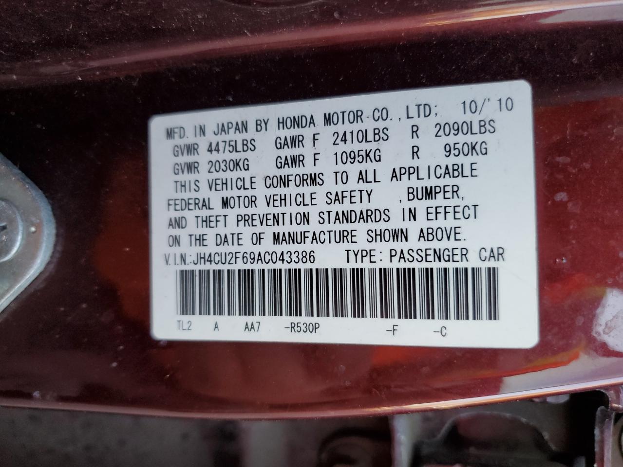 JH4CU2F69AC043386 2010 Acura Tsx