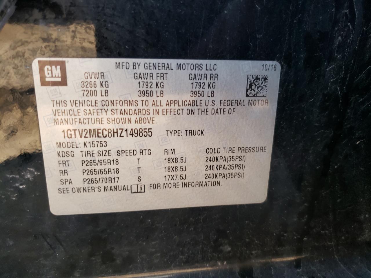 1GTV2MEC8HZ149855 2017 GMC Sierra K1500 Sle