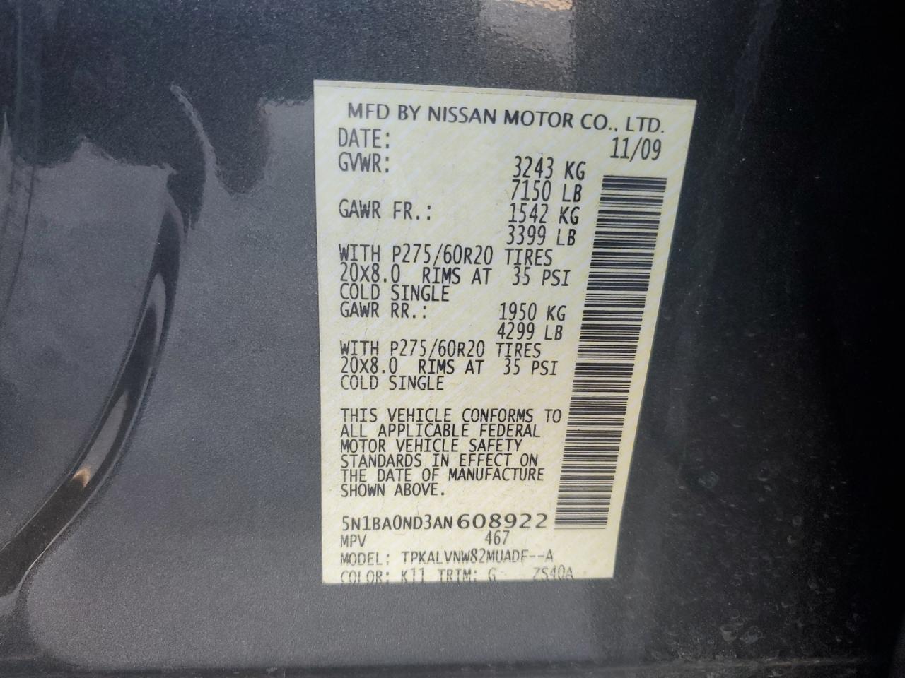 5N1BA0ND3AN608922 2010 Nissan Armada Se