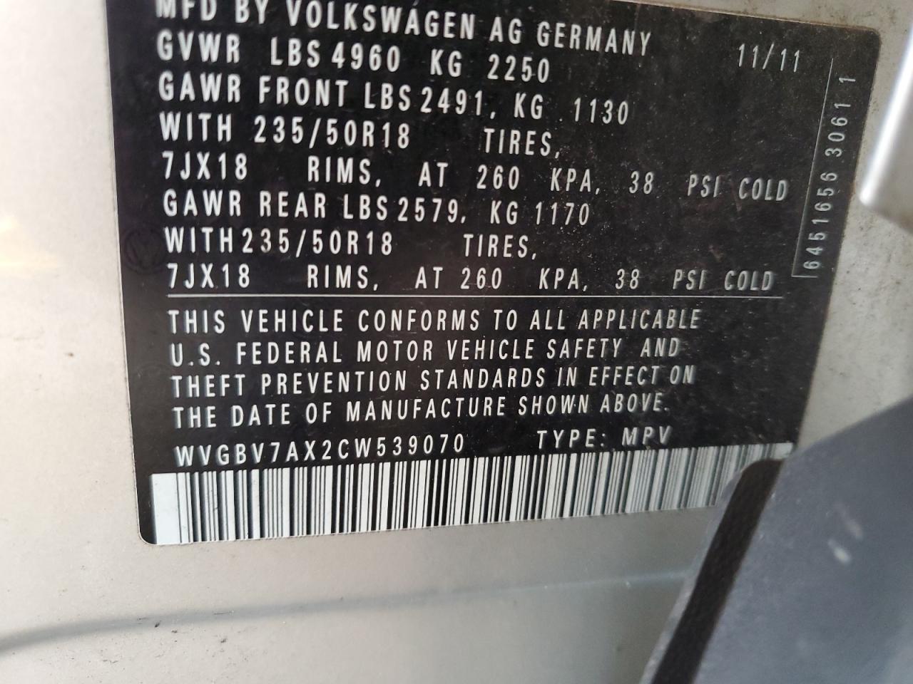 WVGBV7AX2CW539070 2012 Volkswagen Tiguan S