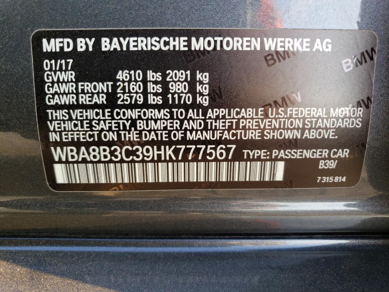 WBA8B3C39HK777567 2017 BMW 340 I