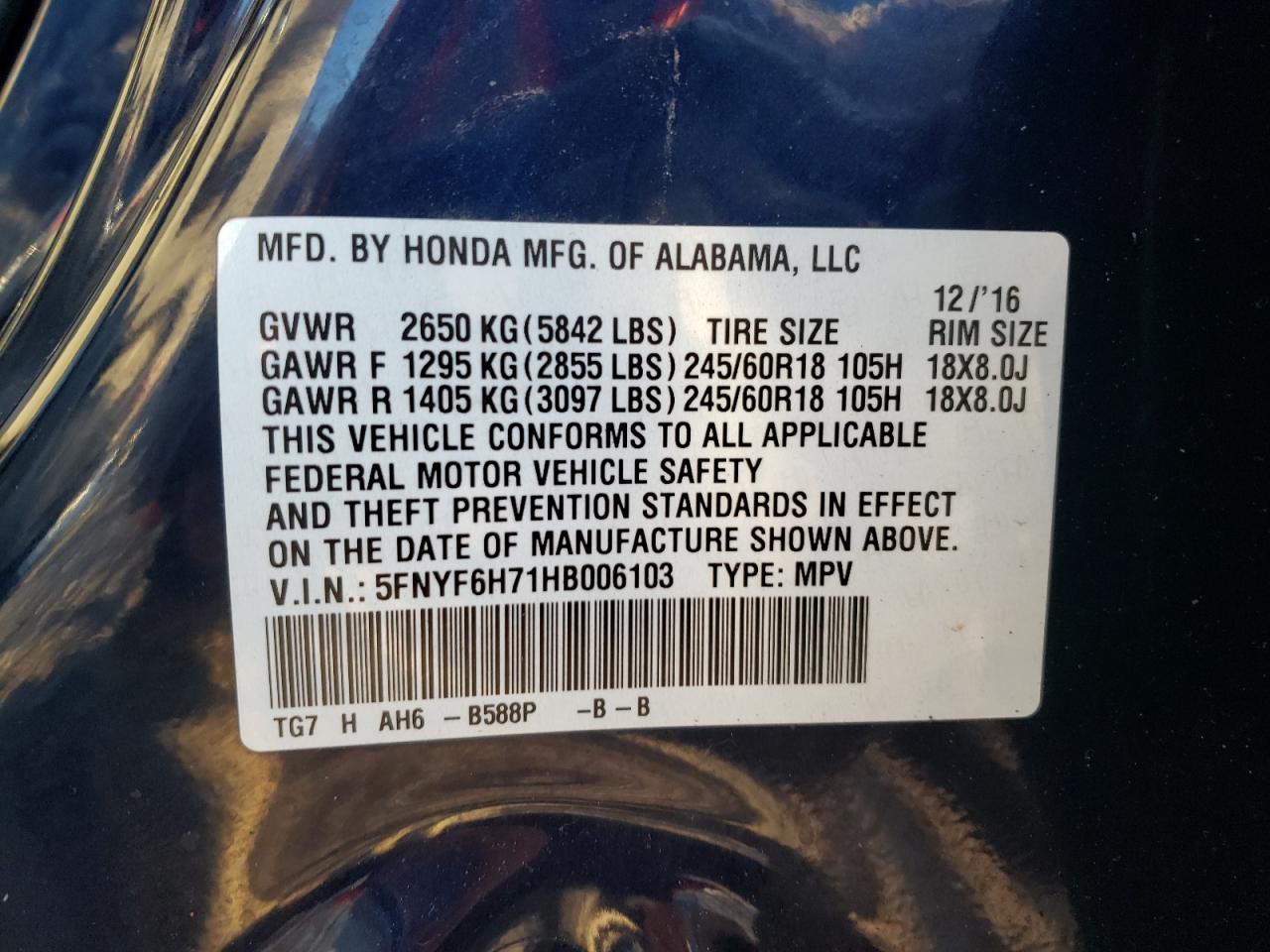 5FNYF6H71HB006103 2017 Honda Pilot Exln