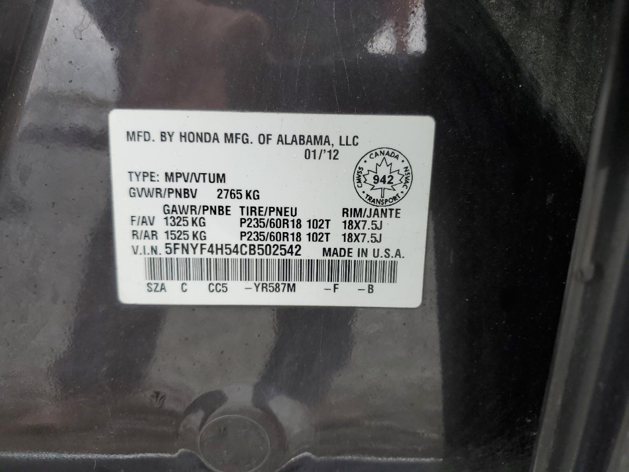 5FNYF4H54CB502542 2012 Honda Pilot Exl